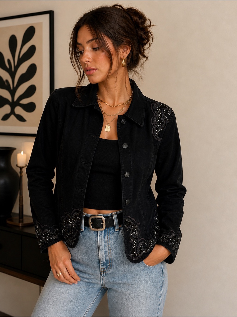 Black Embellished Studded Jacket Y2K Western Swirl Stretch Chico’s Size 2